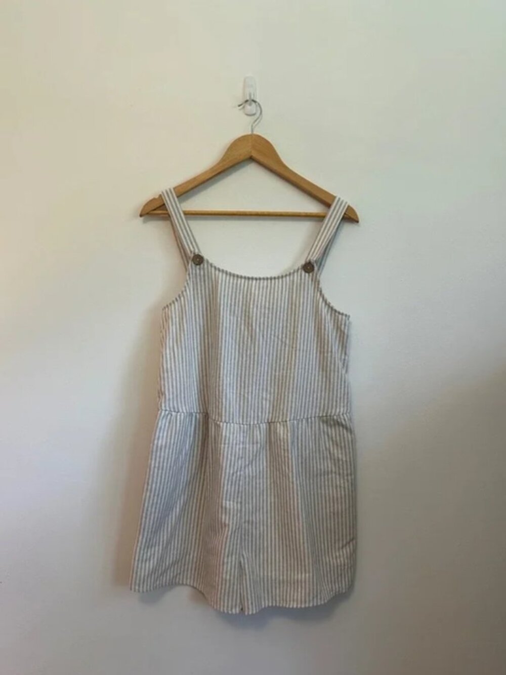 By Together Tan and White Striped Linen Blend Romper | Size Medium